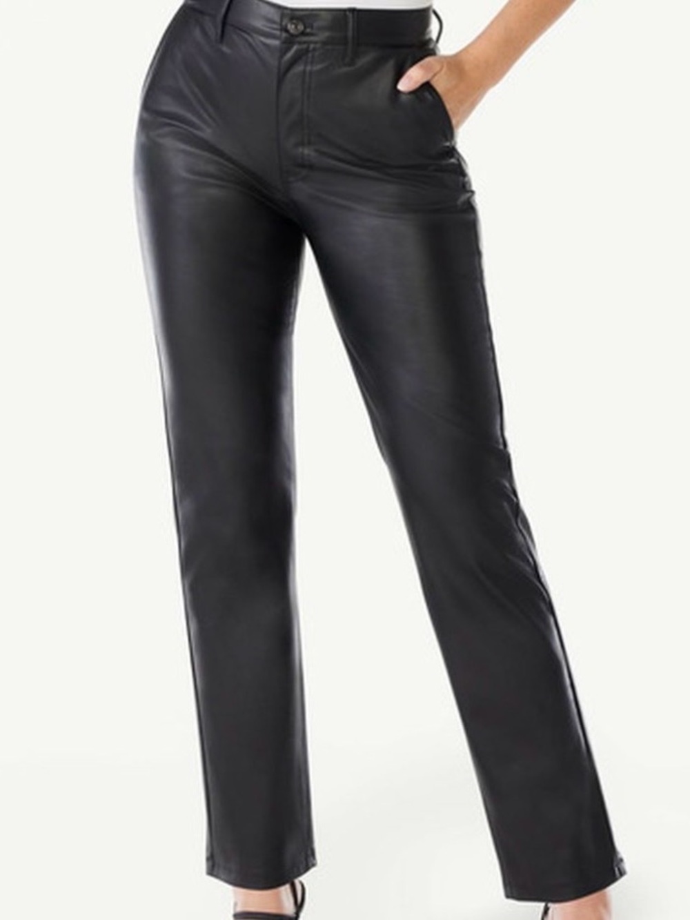 Sofia Vergara black faux leather pants size 12 high rise straight leg
